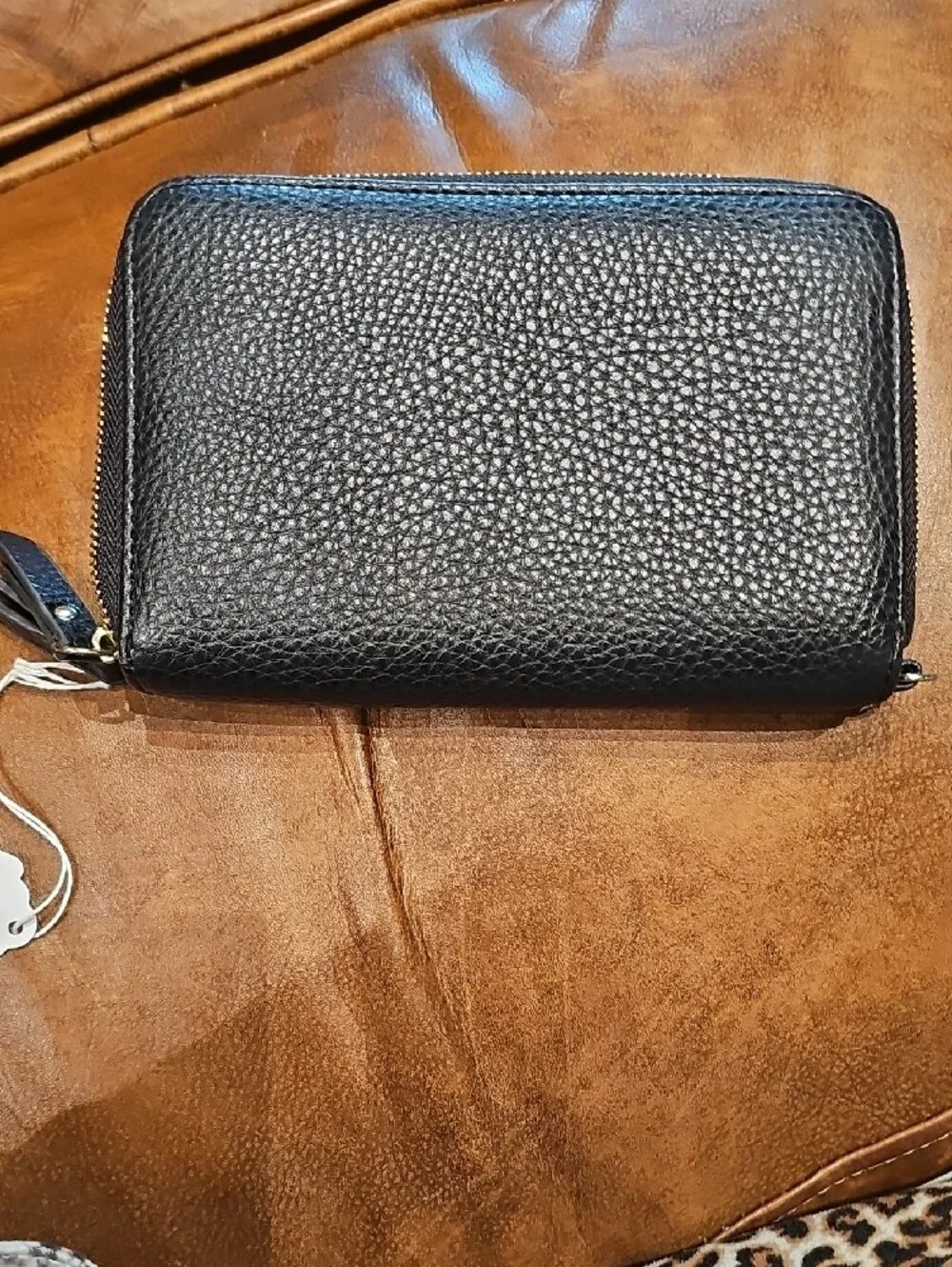 Anne Klein Black Pebbled Zip-Around Wallet with Gold Emblem